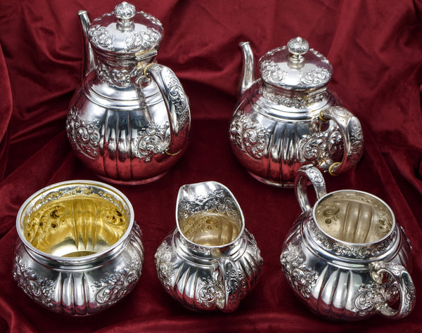 Black Starr & Frost Antique Sterling Silver Repousse Tea and Coffee Set of 5