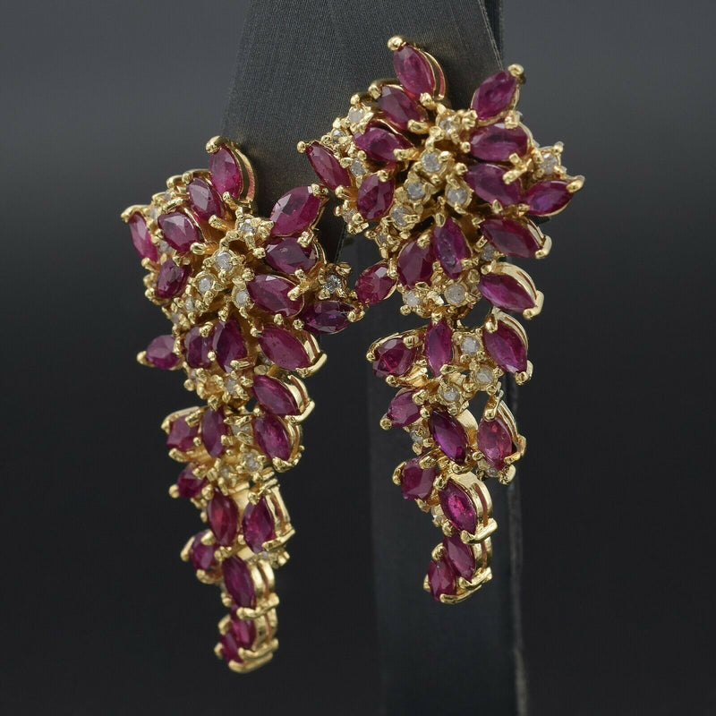 Vintage 14K Yellow Gold Ruby & 0.60TCW Diamond Large Cluster Drop Earrings