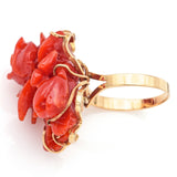 Vintage 14K Yellow Gold Red Coral Carved Rose Flower Cocktail Ring 9.5 Grams