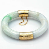 Vintage 14K Yellow Gold Carved Green Jade Hinged Bangle Bracelet