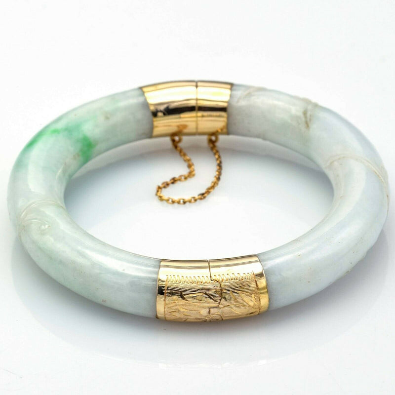 Vintage 14K Yellow Gold Carved Green Jade Hinged Bangle Bracelet
