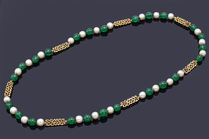 Vintage 18K Gold Green Venetian Glass & Pearl Long Beaded Strand Necklace 32"