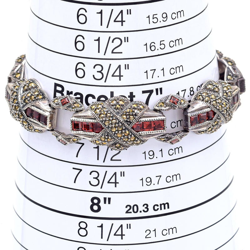 Vintage Judith Jack Sterling Silver Garnet & Marcasite Link Bracelet 16 mm