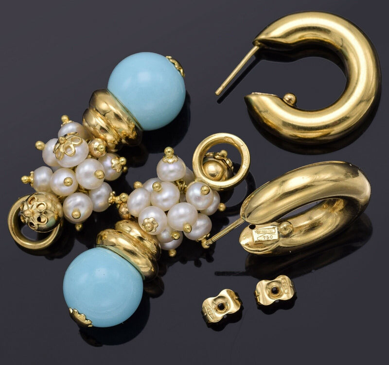 Vintage 18K Gold Turquoise Sea Pearl Drop Dangle Interchangeable Earrings 26.5G