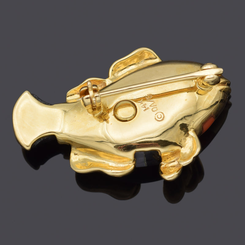 Asch Grossbardt 14K Yellow Gold Multi-Stone Inlay & Diamond Fish Brooch Pin