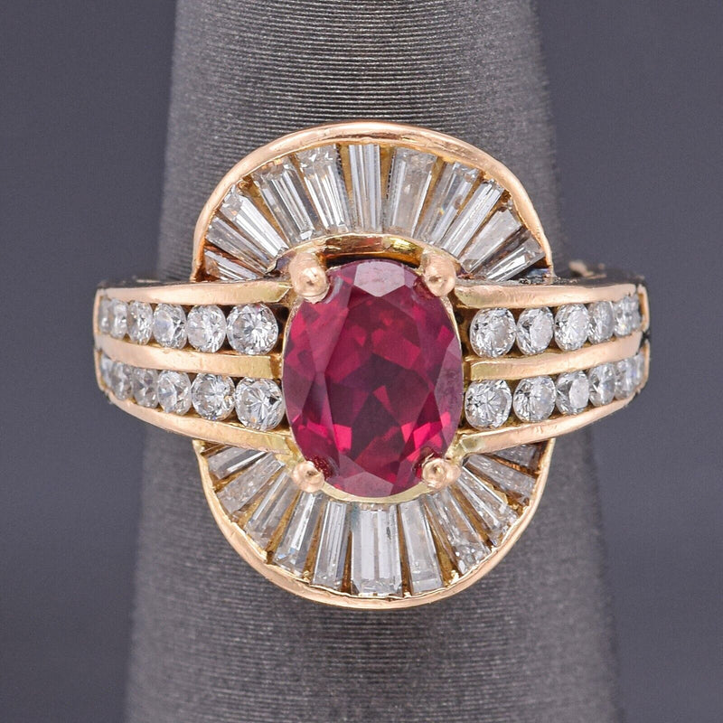 Vintage 18K Gold Lab Ruby & 1.28 TCW Diamond Cocktail Ring 6.3Gr Size 4 G/H VS
