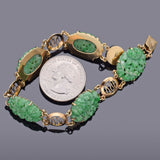 Vintage 14K Yellow Gold Green Jade Floral Carved Oval Link Bracelet 19.8 Grams
