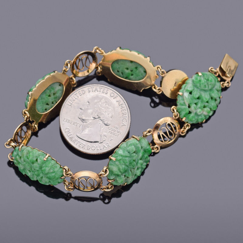Vintage 14K Yellow Gold Green Jade Floral Carved Oval Link Bracelet 19.8 Grams