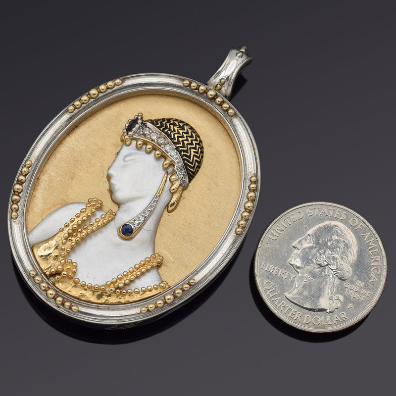 Erte Salome 14K Gold & Sterling Silver Sapphire & Diamond Brooch Pin Pendant