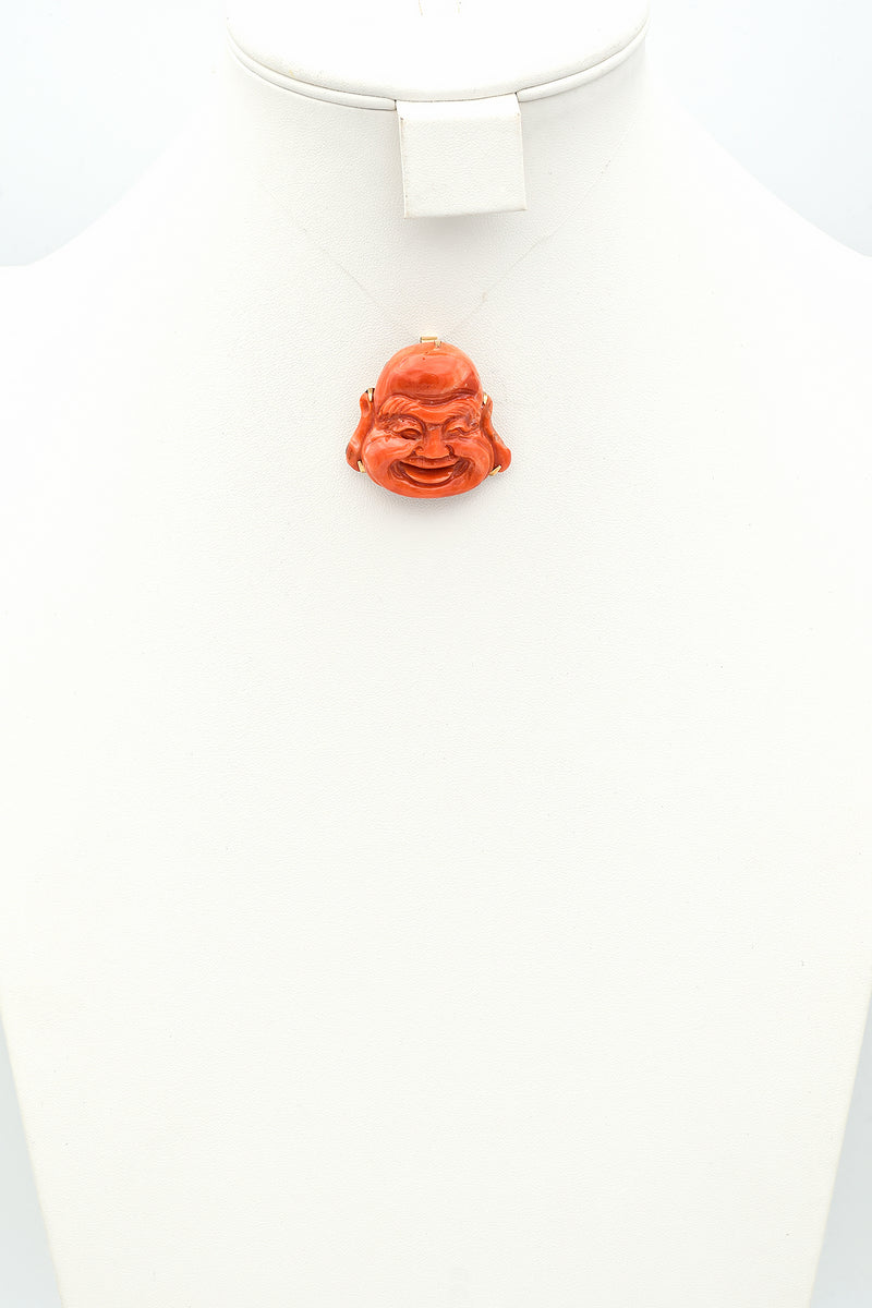 Vintage 18K Yellow Gold Red Coral Carved Buddha Large Pendant
