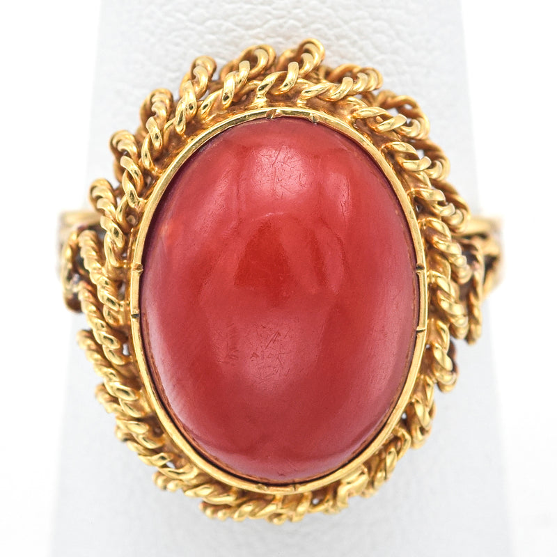 Vintage 14K Yellow Gold Red Coral Cabochon Oval Cocktail Ring