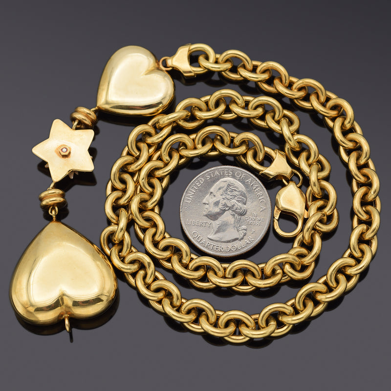 Vintage 18K Yellow Gold Heart, Sun & Star Diamond Cable Necklace