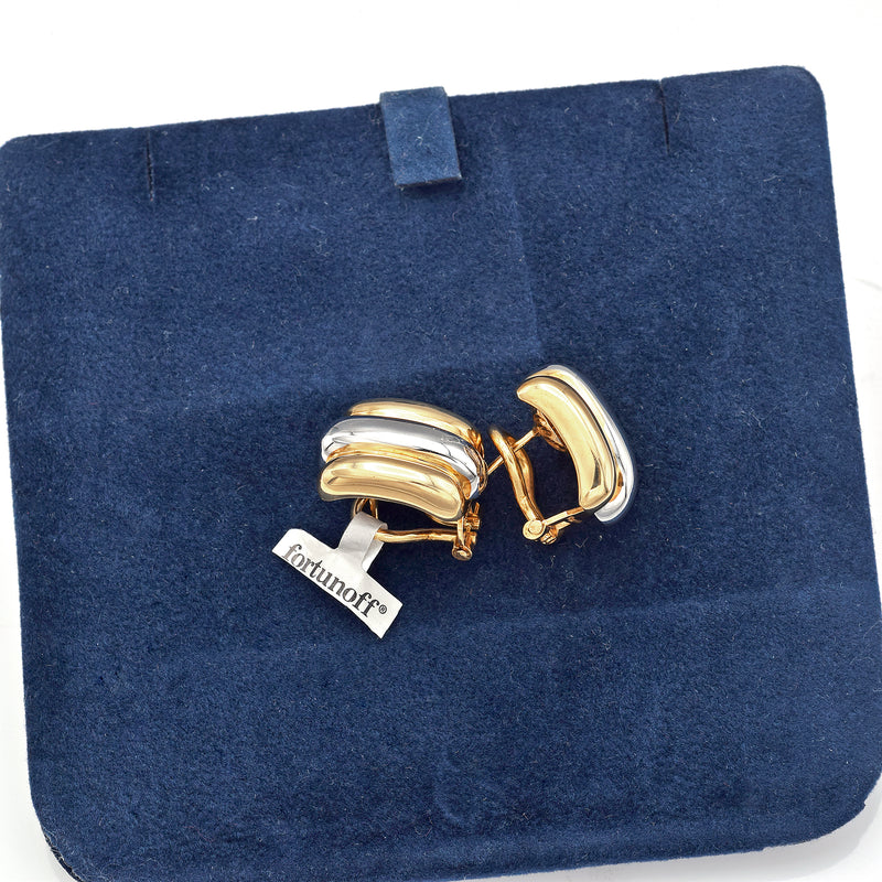 Vintage Italian 18K Yellow & White Gold Ribbed Omega Back Drop Earrings