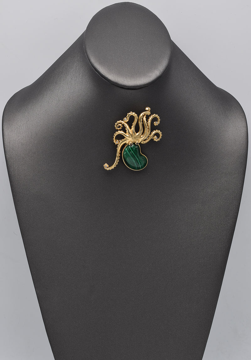 Vintage 14K Yellow Gold Malachite, Ruby & Diamond Octopus Large Brooch Pin