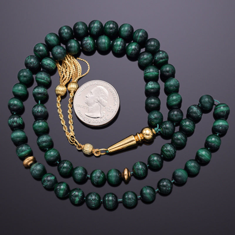 Vintage 18K Yellow Gold Malachite Prayer Beads 80.1 Grams