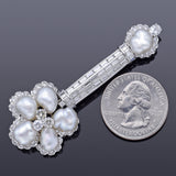 Vintage 18K White Gold Baroque Pearl & 3.89 TCW Diamond Key Brooch Pin 15.4G