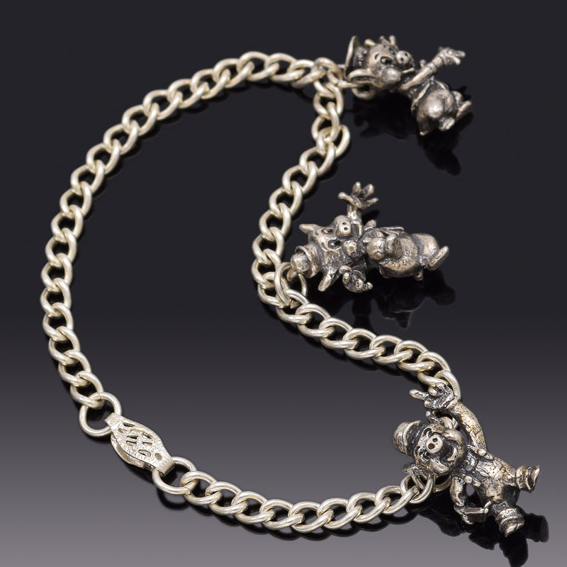 Vintage Sterling Silver Disney Characters Three Little Pigs Charm Bracelet 13.4G