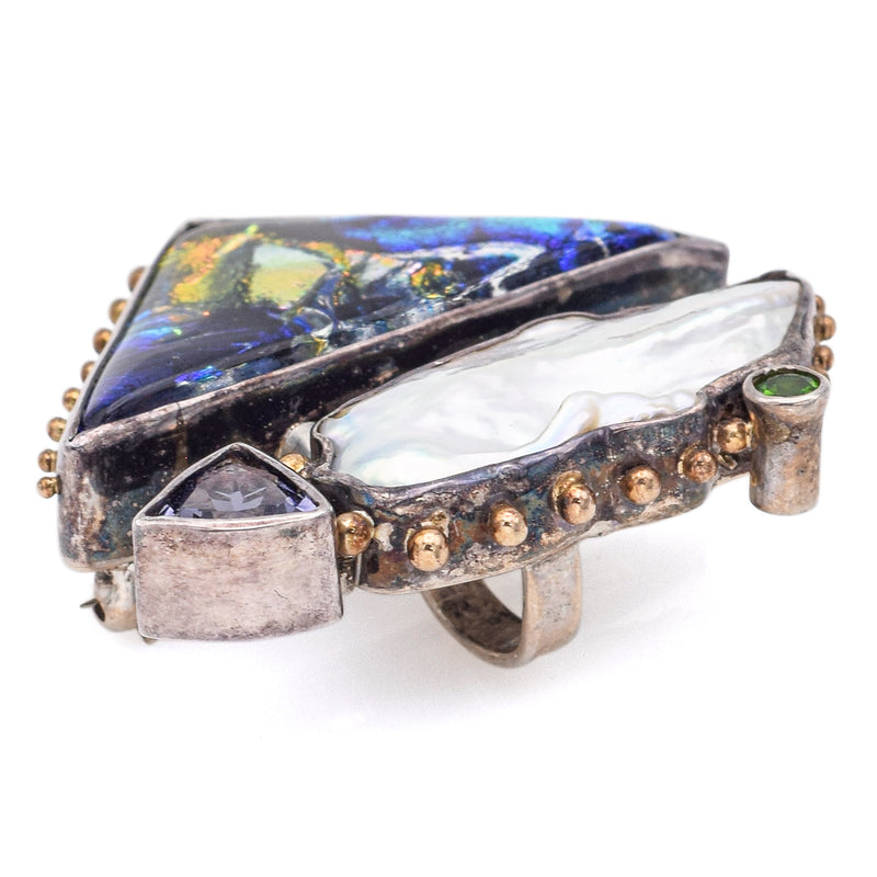 Vintage Janet Sherman Sterling Silver & 14K Gold Gemstone Brooch Pin Pendant