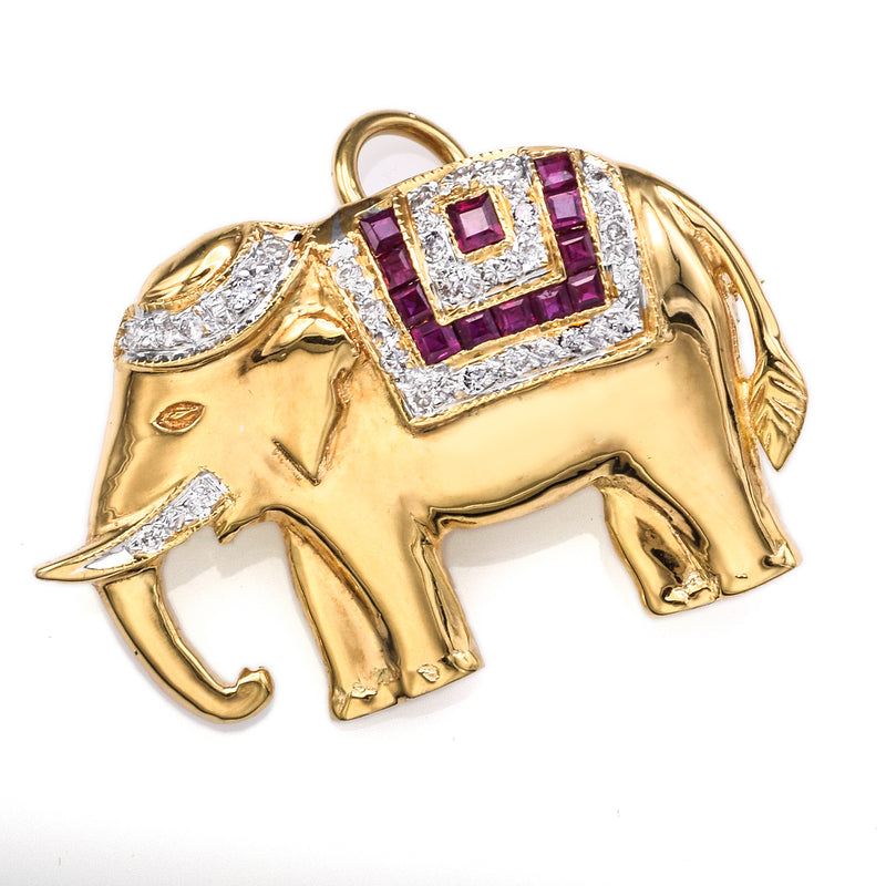 Vintage 18K Yellow Gold Diamond & Ruby Elephant Brooch Pin Pendant