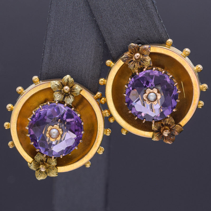 Antique English Victorian 18K Yellow Gold Amethyst & Sea Pearl Dangle Earrings