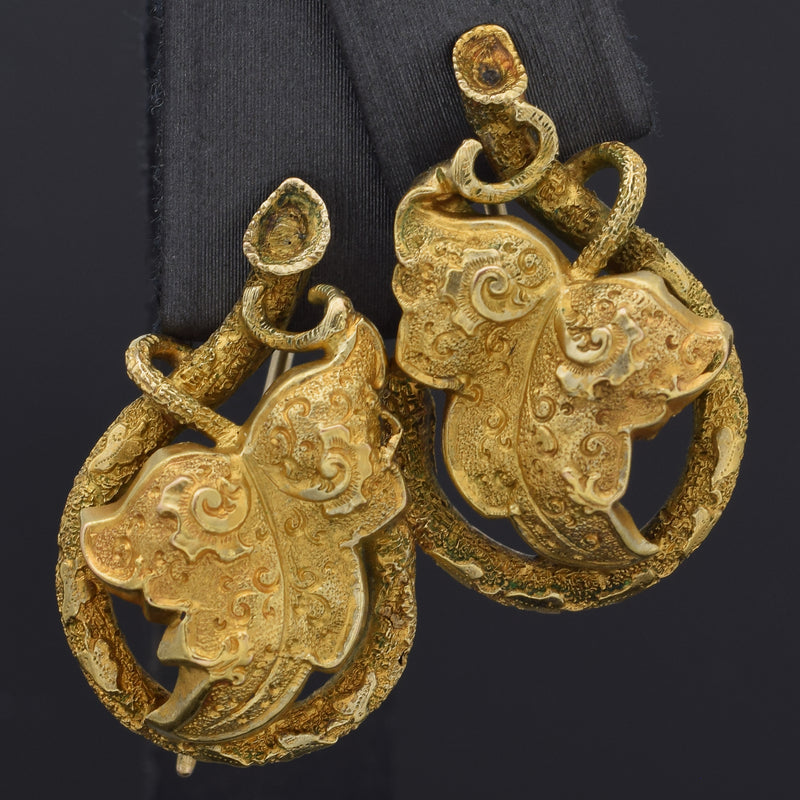 Antique Victorian 18K Yellow Gold Leaf Dangle Kidney Back Earrings