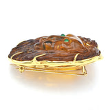 Vintage 18K Yellow Gold Amber & Emerald Large Hand Made Carved Lion Brooch Pin