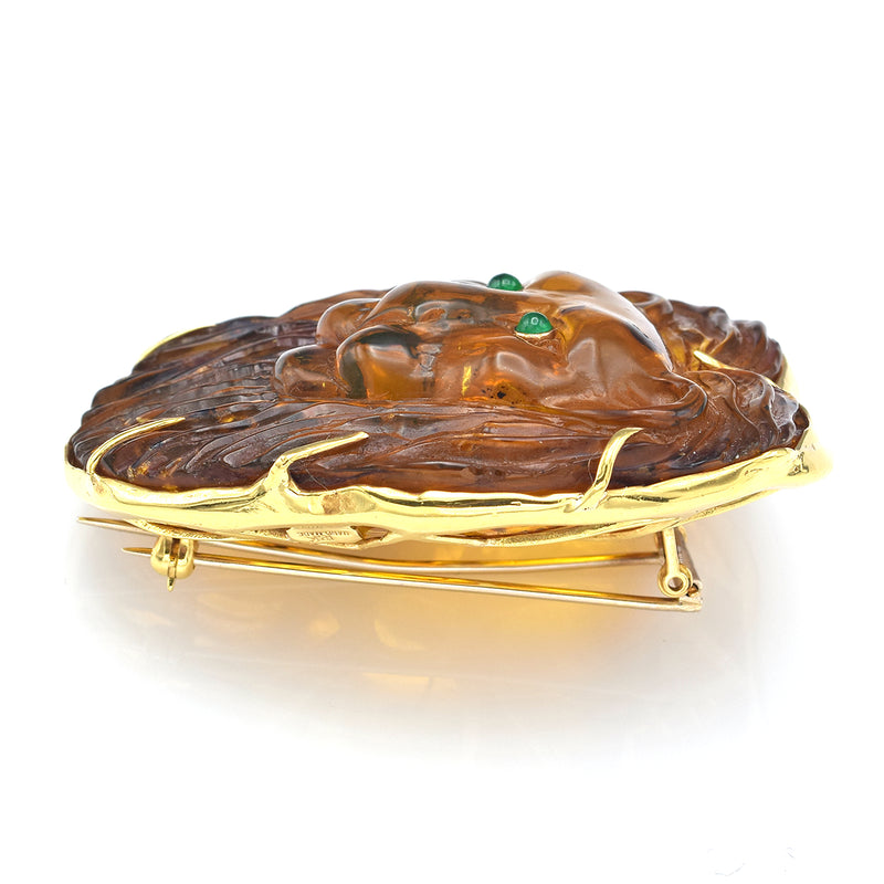 Vintage 18K Yellow Gold Amber & Emerald Large Hand Made Carved Lion Brooch Pin