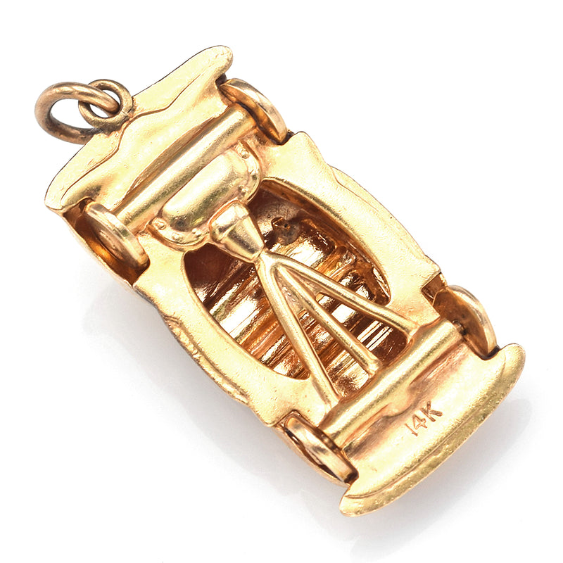 Vintage 14K Yellow Gold CZ Convertible Car Charm Pendant with Moving Wheels