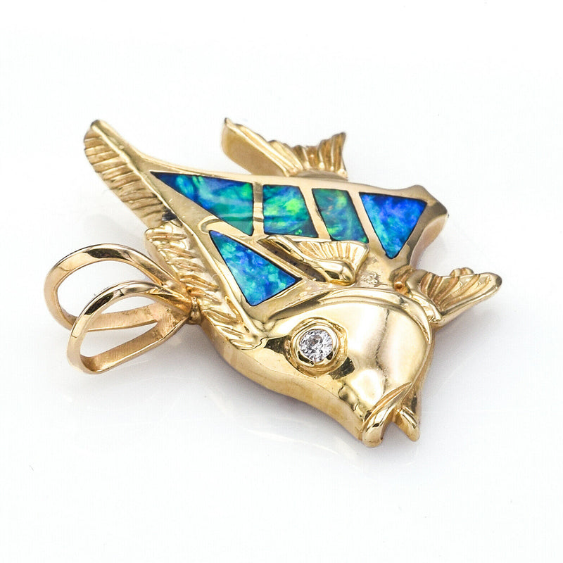 Vintage 14K Yellow Gold Multi-Color Opal & Diamond Fish Pendant