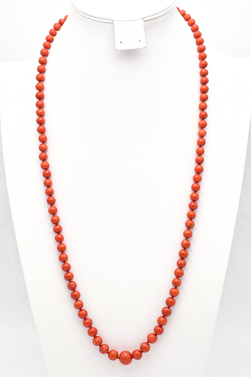 Vintage 18K Yellow Gold Red Coral Long Beaded Strand Necklace 31 Inches