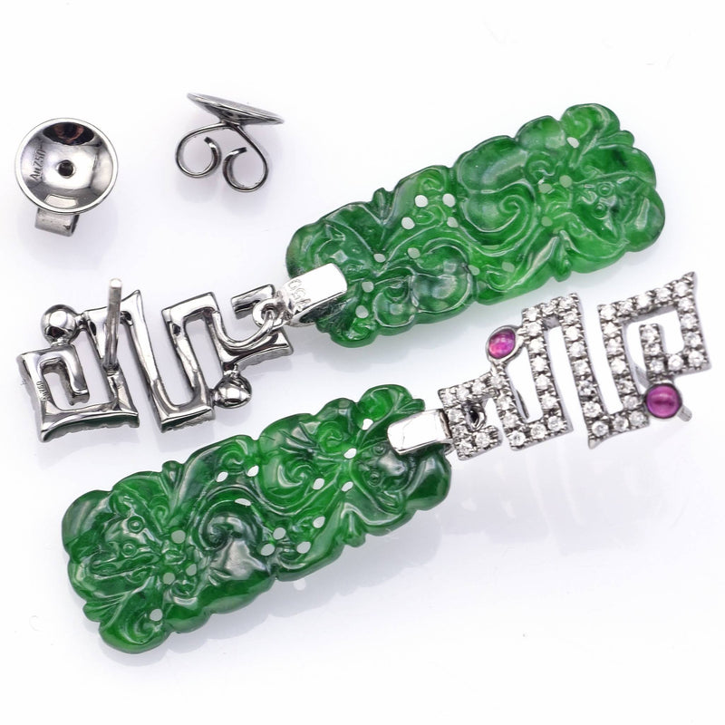 Vintage 18K Gold Black Rhodium Imperial Grade A Jade, Diamond & Ruby Earrings