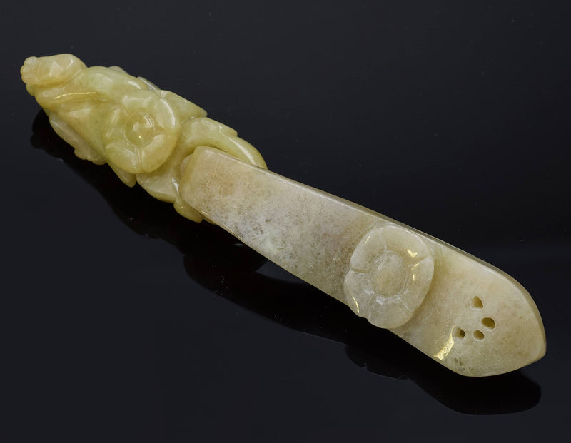 Antique Translucent Green Yellow Jade Carved Dragon Belt Buckle