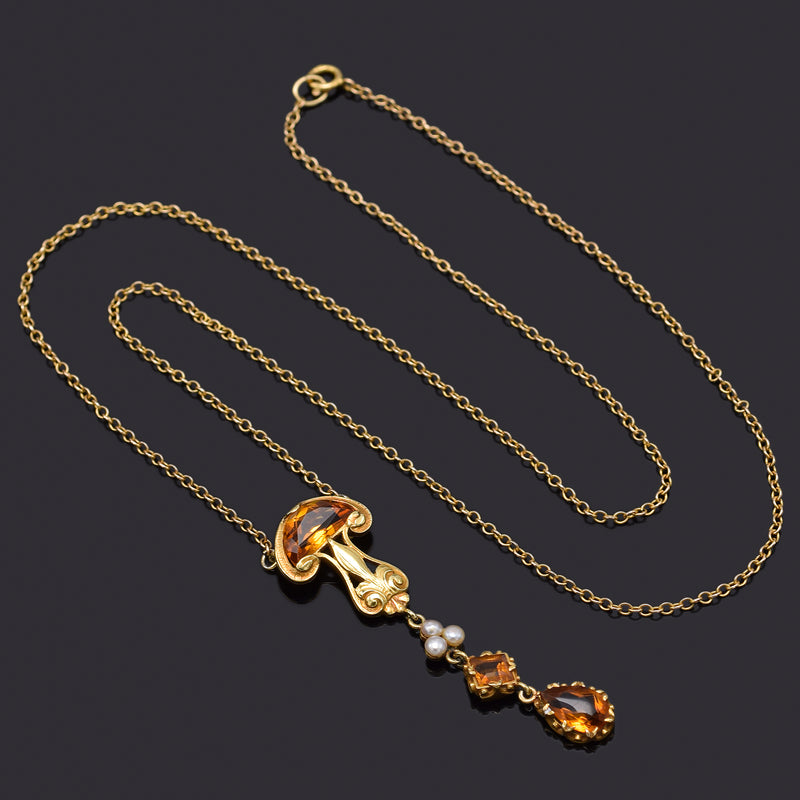 Antique 14K Yellow Gold Citrine & Sea Pearl Necklace