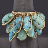 Antique 14K Yellow Gold Genuine Persian Turquoise Dangle Multi-Charm Band Ring 9.0Gr