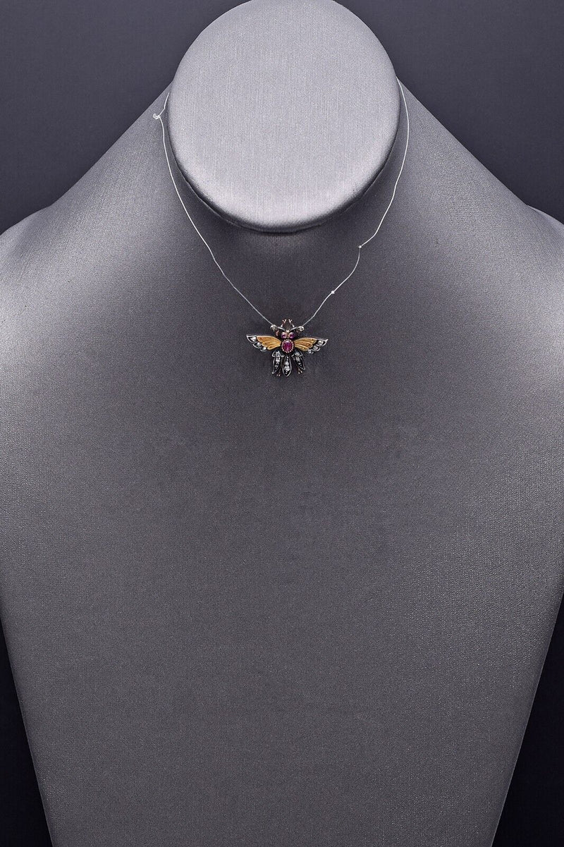 Antique 14K Gold & Sterling Silver Ruby & Rose Cut Diamond Butterfly Pendant