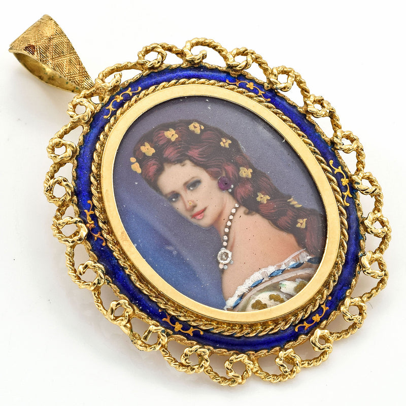 Antique 14K Gold Diamond & Ruby Italy Hand Painted Portrait Brooch Pendant