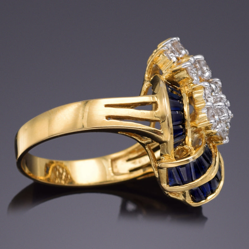 Vintage 18K Yellow Gold Blue Sapphire & 1.17 TCW Diamond Cocktail Ring + Box