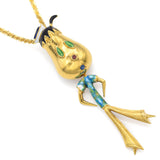 Vintage Italy 18K Yellow Gold Sapphire Enamel Cartoon Figurine Pendant Necklace
