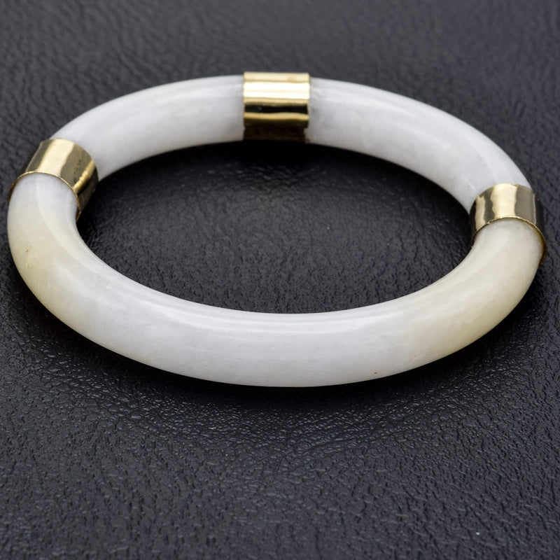 Vintage 14K Yellow Gold Translucent White Jade Bangle Bracelet