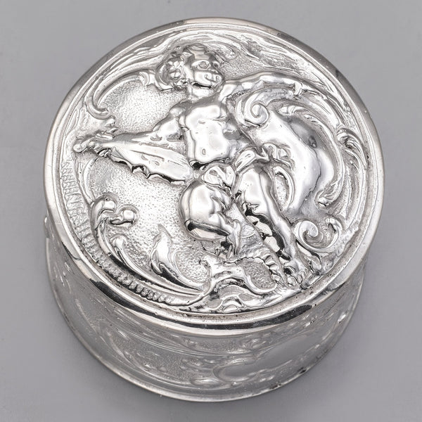 Antique 800 Silver Cherub Etched Round Trinket Pill Box Case