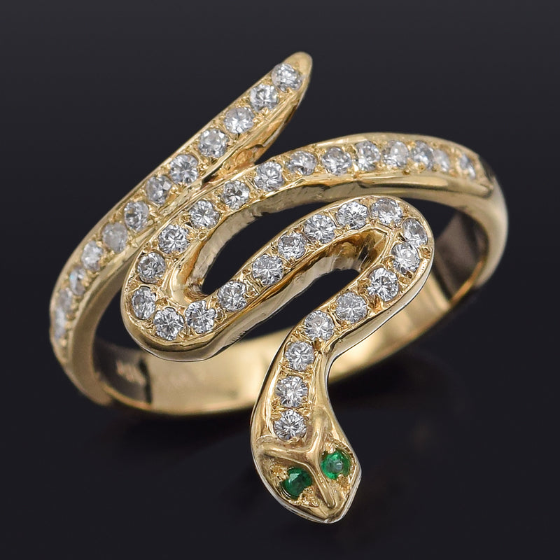 Vintage 14K Yellow Gold 0.42 TCW Diamond & Emerald Snake Band Ring