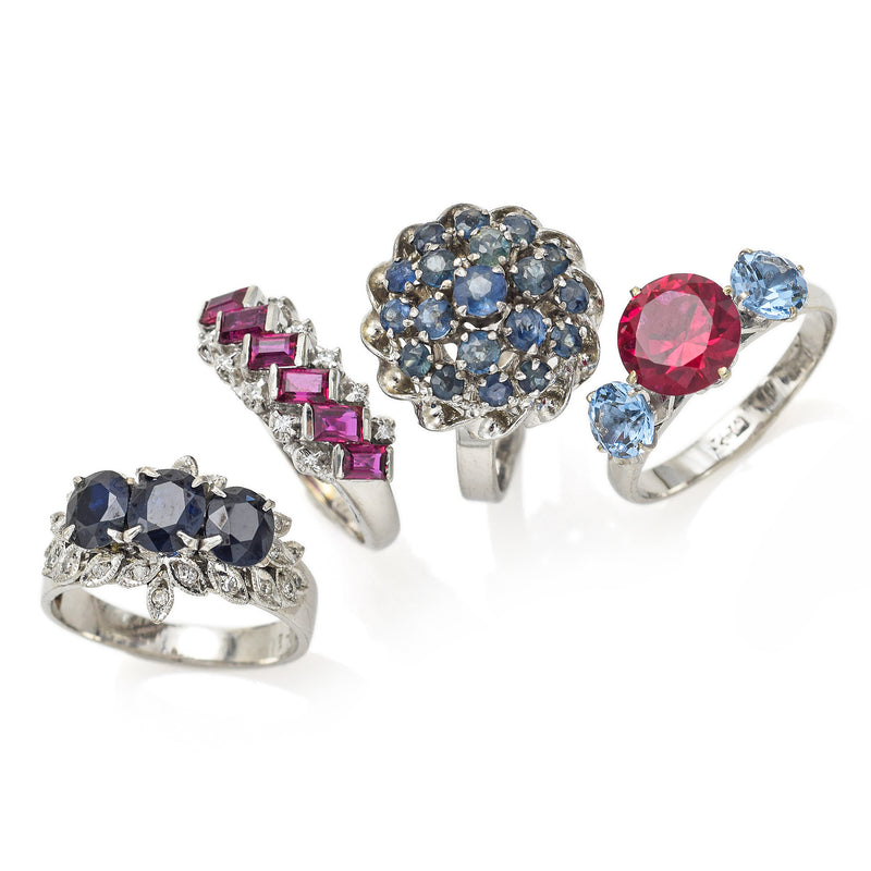 Lot of 4 Vintage Sterling Silver Sapphire, Blue Topaz, Ruby & Diamond Ring
