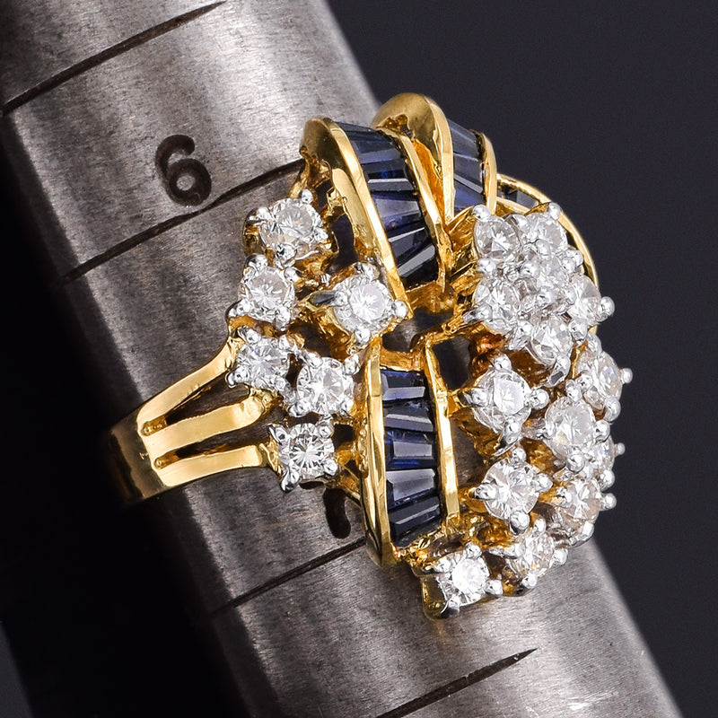 Vintage 18K Yellow Gold Blue Sapphire & 1.17 TCW Diamond Cocktail Ring + Box