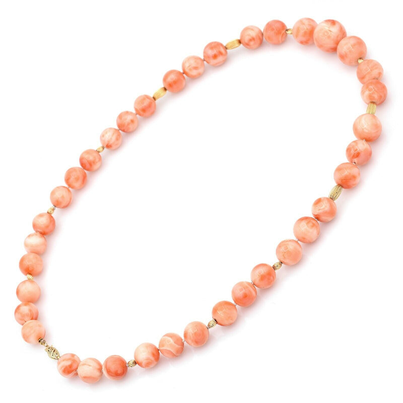 Vintage 14K Yellow Gold Angel Skin Coral Beaded Strand Necklace + Box