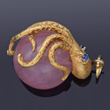 Vintage 18K Yellow Gold Rose Quartz & Sapphire Octopus Ball Pendant 18.9 Grams