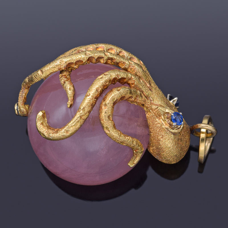 Vintage 18K Yellow Gold Rose Quartz & Sapphire Octopus Ball Pendant 18.9 Grams