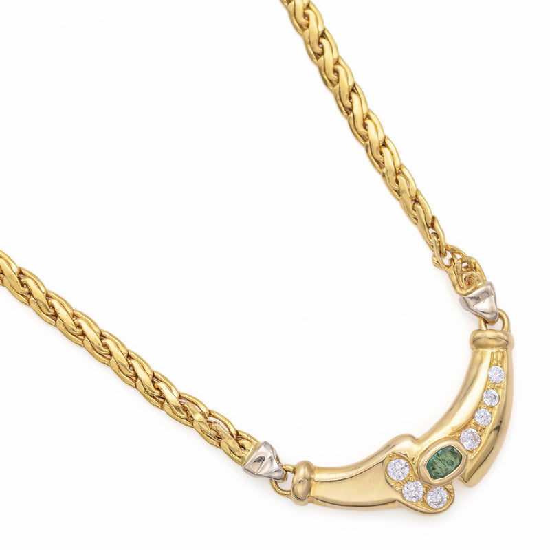 Vintage 18K Yellow Gold Emerald & CZ Pendant Necklace 17 Inches