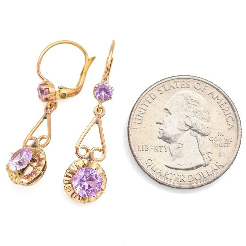 Vintage 14K Yellow Gold Pink Sapphire Dangle Leverback Earrings
