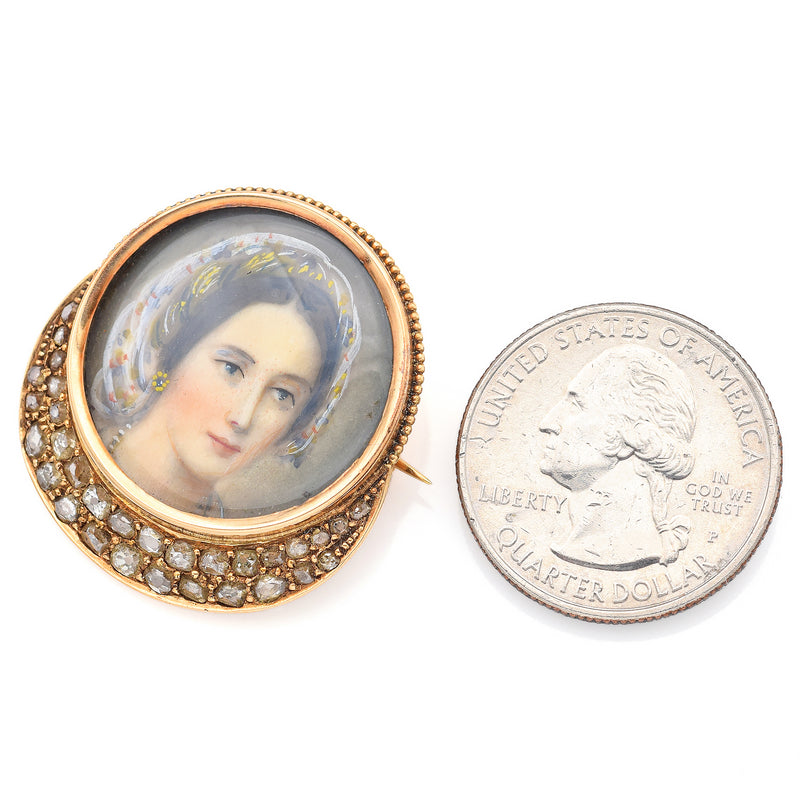 Antique 14K Yellow Gold 1.45 TCW Mine Cut Diamond Portrait Brooch Pin