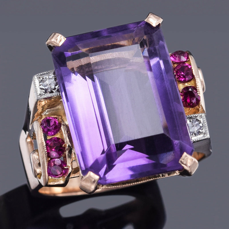 Antique 14K Gold 12.31 Ct Amethyst, Ruby & Diamond Cocktail Ring